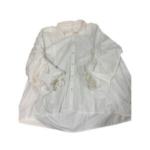 Free People White Button Down Shirt Oversized Puff Sleeve Ruched Tie Cotton L